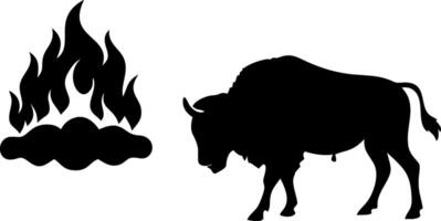 Silhouette of Buffalo and Fire Symbol for Wildlife and Nature Themes vector