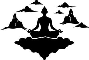 Meditation Silhouette Floating in Clouds with Mountains Spiritual Art vector