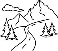 Mountain Road with Pines and Clouds Simple Line Art for Coloring and Design vector