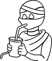 Cartoon Ninja Drinking with Straw in Hand Outline for Coloring Book and Art Designs vector