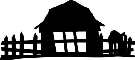 Rustic Farmhouse Silhouette with Fence and Horse for Rural Design Projects vector