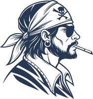 Pirate Profile Illustration with Bandana Eyepatch and Cigarette for Tattoos and Graphics vector