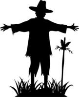 Silhouette of Scarecrow in Field with Grass and Hat for Halloween Design vector
