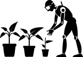 Futuristic Robot Tending to Potted Plants in Growth Stages Illustration vector