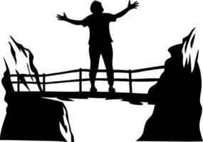 Silhouette of Person Rejoicing on Bridge between Cliffs Illustration vector