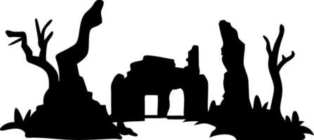 Spooky Forest Silhouette Ancient Ruins and Twisted Trees Illustration vector