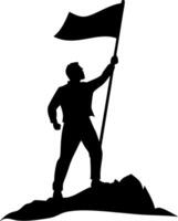 Silhouette of Man with Flag on Mountain Summit Symbolizing Achievement and Victory vector