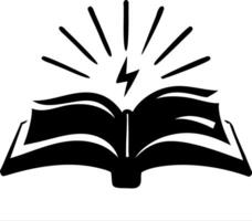 Open Book with Lightning Bolt and Radiating Lines Symbolizing Knowledge and Inspiration vector