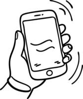 Hand Holding Vibrating Smartphone Simple Black Line Illustration vector