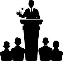 Speaker Silhouette at Podium with Audience for Presentation and Public Speaking Themes vector