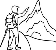 Hiker Pointing Towards Mountain Summit Adventure Illustration vector