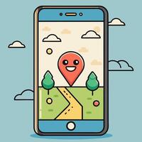 Cartoon Mobile Navigation with Happy Map Pin for Travel Guides and Apps vector