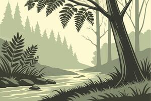 Tranquil Forest Stream with Lush Foliage for Wall Art and Nature Projects vector
