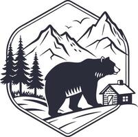 Bear and Mountain Cabin Art for Wilderness Adventure Designs vector