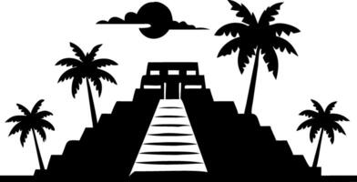Ancient Mayan Pyramid Silhouette with Palm Trees and Sunset Art vector