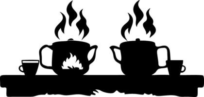 Silhouette Steaming Teapots and Cups on Rustic Wooden Table Illustration vector