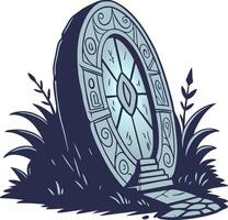 Ancient Stone Portal with Mystical Symbols in Overgrown Landscape Art vector