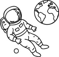 Astronaut Floating in Space with Earth Black and White Illustration vector