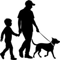Silhouette of Father Child Walking Dog Outdoor Family Bonding Concept vector