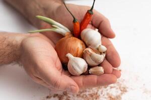 Vegetables in hands on white background photo