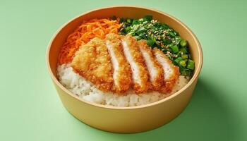 Rice, chicken katsu and vegetable slices on brown paper bowl for simple lunch photo