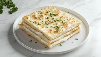 Flat bread crispy crunchy biscuit stack layered for salty snack food on plate photo