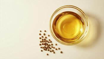 Natural grapeseed oil organic extract on glass bowl copy space background photo