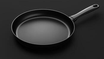 Empty iron black frying pan for cooking dishware on dark background photo