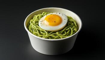 Gluten free green noodles with egg on blank white paper bowl dark background photo