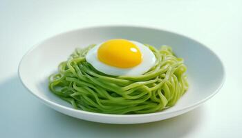 Gluten free spinach green noodle spaghetti with fresh egg yolk on white plate photo