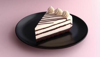 Chocolate white cheese cake with layered cream on black plate photo