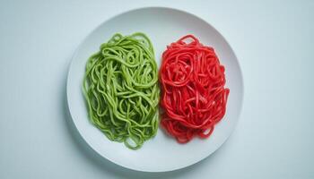 Gluten free noodle pasta green from spinach and red beet flour vegetable on plate for healthy ingredient food photo