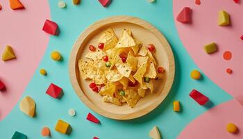 Nachos fried on wooden plate simple crisp snack for teatime flat lay photo