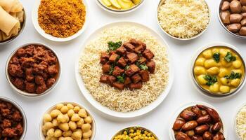 Biryani rice on white plate with other meal for dinner flat lay view photo
