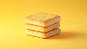 Biscuit stack square with icing sugar on yellow background photo