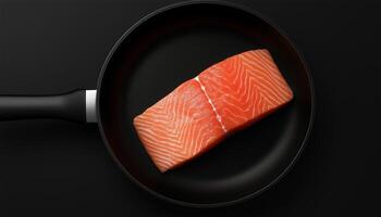 Salmon slice on frying pan seafood fish real healthy fresh for cooking photo