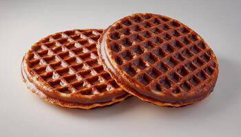Chocolate rounded waffle stack covered by cocoa cream for sweet snack in white table photo