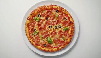 Pizza flat bread baked on white plate for lunch with family flat lay view photo