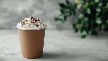 Hot chocolate sweet topping cream drink for relax time on eco paper cup disposable mockup container photo