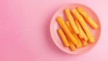 Potato fried stick crunchy fast food snack on pink plate photo