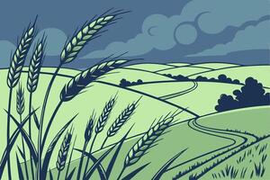 Wheat Field Artwork with Rolling Hills and Cloudy Sky for Nature Illustrations vector