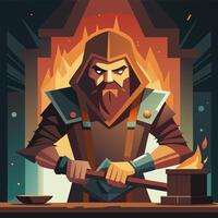 Medieval Blacksmith in Fiery Forge Creating Weapons Art vector