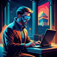 Cyberpunk Cityscape Hacker Working on Laptop at Night vector