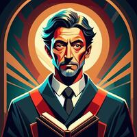 Distinguished Older Man Reading Book with Sunburst Background Illustration vector