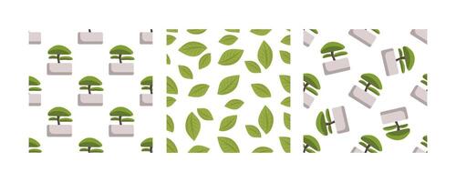 Set of seamless patterns with bonsai trees and green leaves in flat style on white background vector