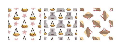 Set of seamless patterns with Vietnamese symbols, conical hats, lotus flowers, and baskets in flat style vector