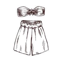 Hand drawn sketch of summer outfit set with bandeau top and wide-leg shorts in monochrome vintage style vector