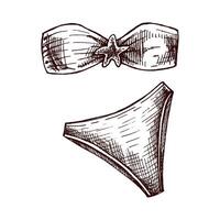 Hand drawn sketch of bandeau bikini set with starfish detail in monochrome vintage style vector
