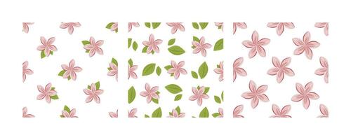 Seamless floral pattern set with pink lotus flowers and green leaves in flat style on white background vector