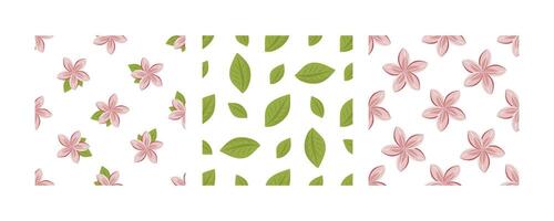 Set of seamless patterns with lotus flowers and green leaves in flat style on white background vector